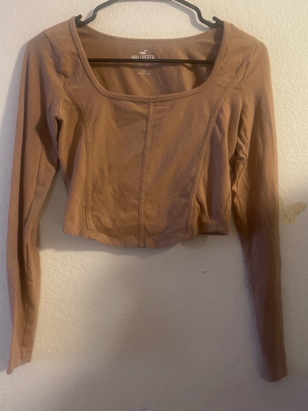 Hollister Women's Tan Scoop-Neck Long Sleeve Crop Top